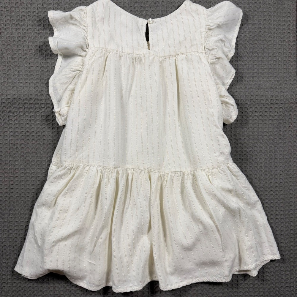 Mango Kids Girls White Metallic Stripe Ruffle Flutter Sleeve Tiered Dress 5Y